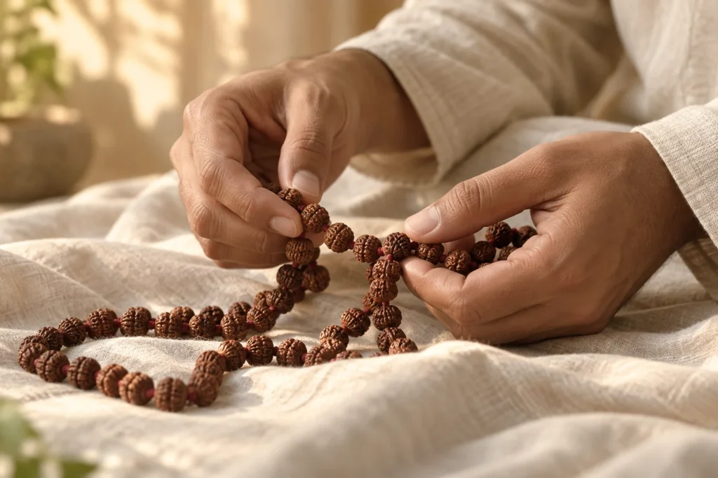 Hands holding a Rudraksha mala on cream fabric