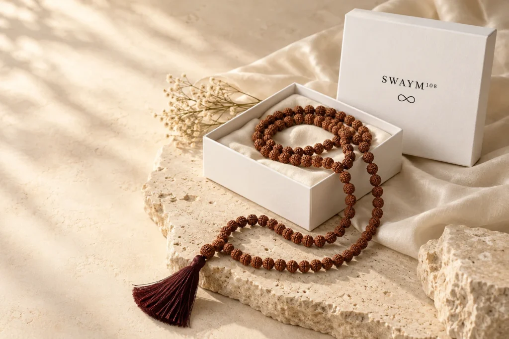 Rudraksha mala displayed in a white SWAYM¹⁰⁸ box with a black logo