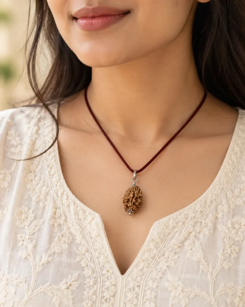 Woman wearing a 2 Mukhi Rudraksha pendant